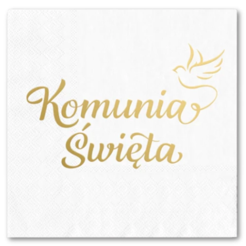 Serwetki jednorazowe białe Komunia Święta napis gołąbek złoty 33x33 cm 10szt